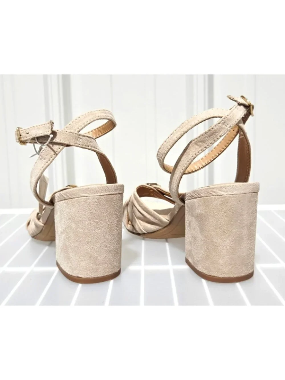 A New Day Bibi Taupe Faux Suede Wrap Buckle Strap Open Toe Heels -- Women's 7.5